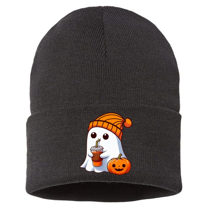 Halloween Costume Ghost Drinking Pumpkin Sustainable Knit Beanie