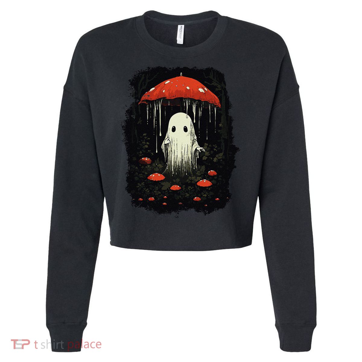 Halloween Cottagecore Ghost Mushroom Spooky Cropped Pullover Crew