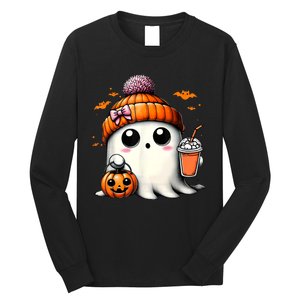 Halloween Cute Ghost Drinking Coffee Ghost Ice Gift Long Sleeve Shirt