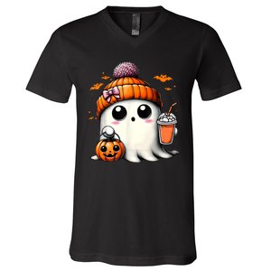 Halloween Cute Ghost Drinking Coffee Ghost Ice Gift V-Neck T-Shirt