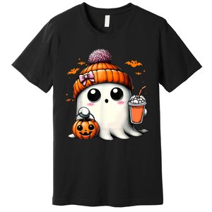 Halloween Cute Ghost Drinking Coffee Ghost Ice Gift Premium T-Shirt