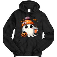 Halloween Cute Ghost Drinking Coffee Ghost Ice Gift Tie Dye Hoodie