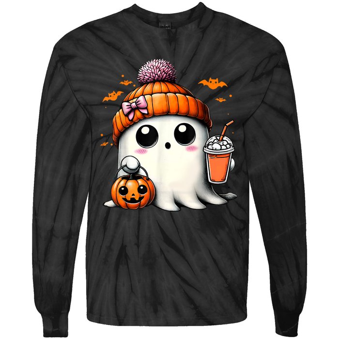 Halloween Cute Ghost Drinking Coffee Ghost Ice Gift Tie-Dye Long Sleeve Shirt