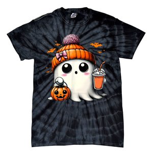 Halloween Cute Ghost Drinking Coffee Ghost Ice Gift Tie-Dye T-Shirt