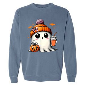 Halloween Cute Ghost Drinking Coffee Ghost Ice Gift Garment-Dyed Sweatshirt