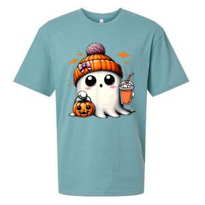 Halloween Cute Ghost Drinking Coffee Ghost Ice Gift Sueded Cloud Jersey T-Shirt