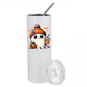 Halloween Cute Ghost Drinking Coffee Ghost Ice Gift Stainless Steel Tumbler