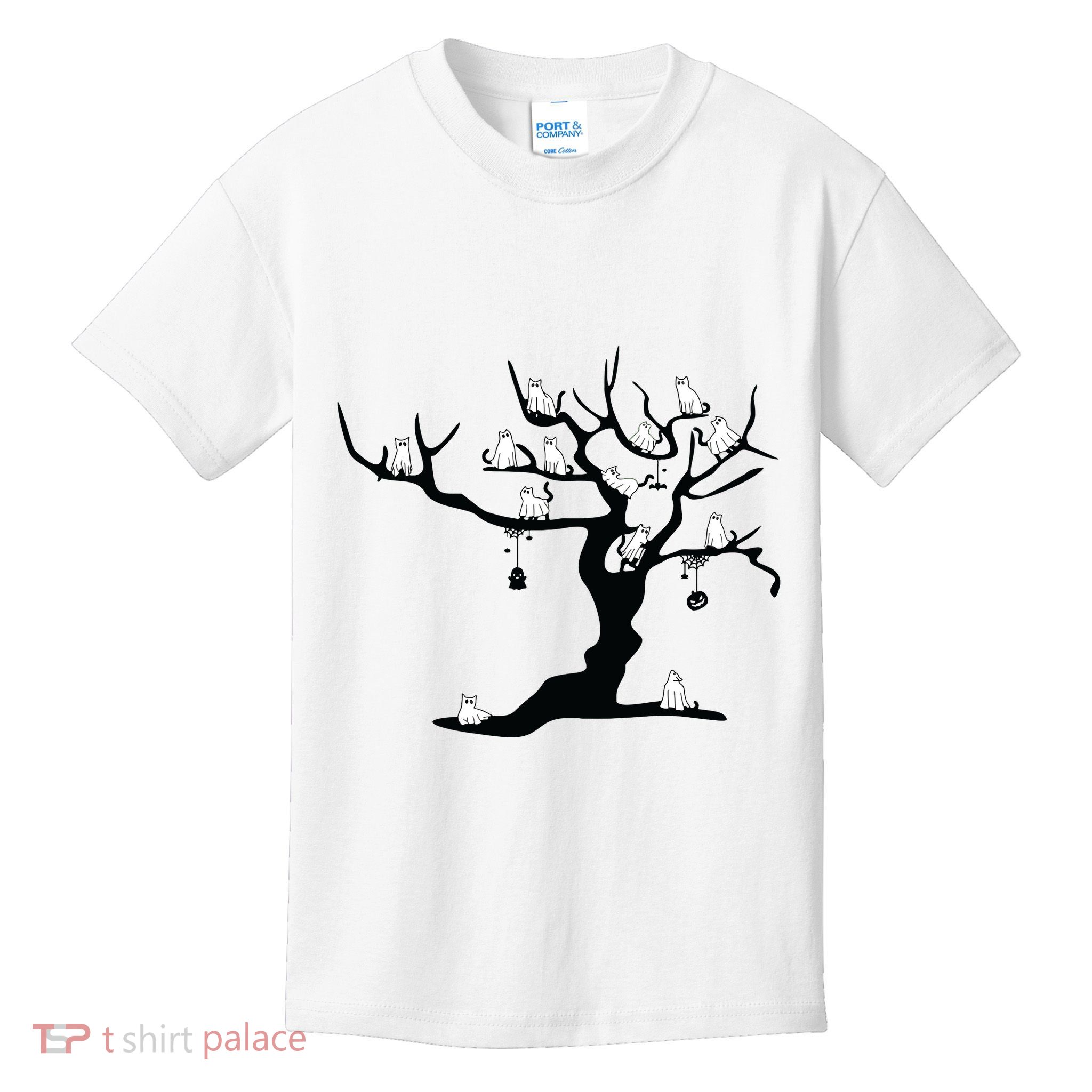 Halloween Cute Ghost Kitty Cats On A Tree Women Art Kids T-Shirt