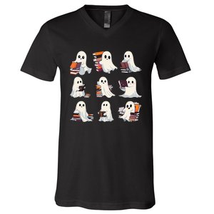 Halloween Cute Ghost Read More Books Spooky Boo Teacher Kids V-Neck T-Shirt