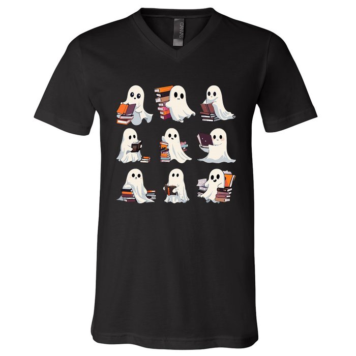 Halloween Cute Ghost Read More Books Spooky Boo Teacher Kids V-Neck T-Shirt