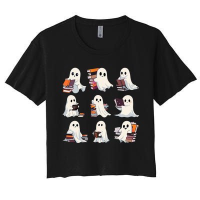 Halloween Cute Ghost Read More Books Spooky Boo Teacher Kids Women's Crop Top Tee