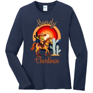 Howdy Christmas Gingerbread Cowboy Riding Horse Ladies Long Sleeve Shirt