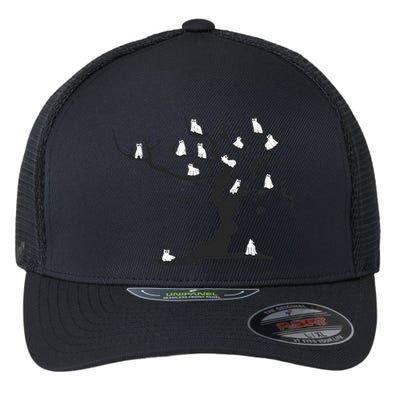 Halloween Cute Ghost Kitty Cats on a Tree Flexfit Unipanel Trucker Cap