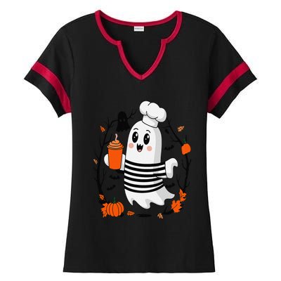 Halloween Cute Ghost Hat Drinking Coffee Ghost Ice Coffee Ladies Halftime Notch Neck Tee