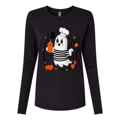 Halloween Cute Ghost Hat Drinking Coffee Ghost Ice Coffee Womens Cotton Relaxed Long Sleeve T-Shirt