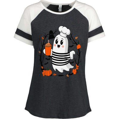 Halloween Cute Ghost Hat Drinking Coffee Ghost Ice Coffee Enza Ladies Jersey Colorblock Tee