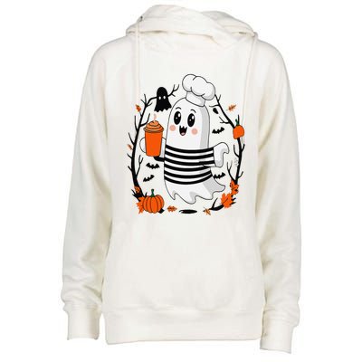 Halloween Cute Ghost Hat Drinking Coffee Ghost Ice Coffee Womens Funnel Neck Pullover Hood