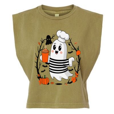 Halloween Cute Ghost Hat Drinking Coffee Ghost Ice Coffee Garment-Dyed Women's Muscle Tee