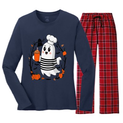 Halloween Cute Ghost Hat Drinking Coffee Ghost Ice Coffee Women's Long Sleeve Flannel Pajama Set 