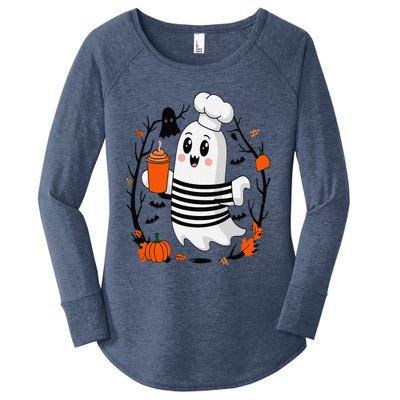 Halloween Cute Ghost Hat Drinking Coffee Ghost Ice Coffee Women's Perfect Tri Tunic Long Sleeve Shirt