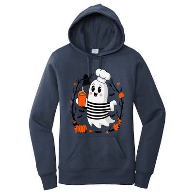 Halloween Cute Ghost Hat Drinking Coffee Ghost Ice Coffee Women's Pullover Hoodie