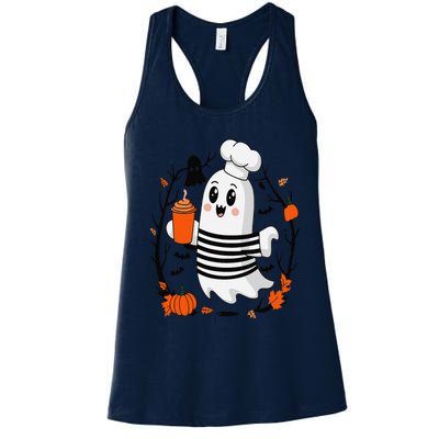 Halloween Cute Ghost Hat Drinking Coffee Ghost Ice Coffee Women's Racerback Tank