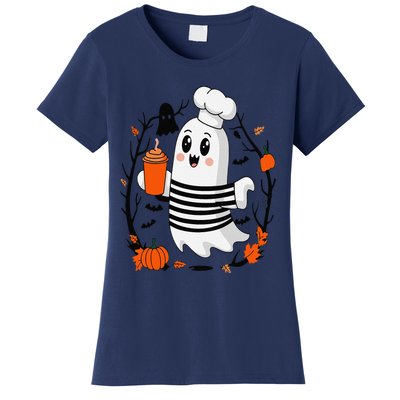 Halloween Cute Ghost Hat Drinking Coffee Ghost Ice Coffee Women's T-Shirt