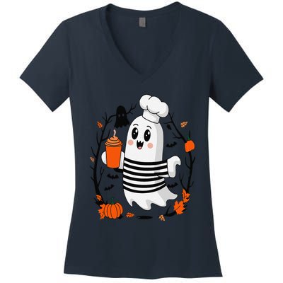 Halloween Cute Ghost Hat Drinking Coffee Ghost Ice Coffee Women's V-Neck T-Shirt