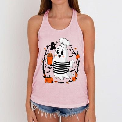 Halloween Cute Ghost Hat Drinking Coffee Ghost Ice Coffee Women's Knotted Racerback Tank