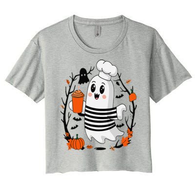 Halloween Cute Ghost Hat Drinking Coffee Ghost Ice Coffee Women's Crop Top Tee