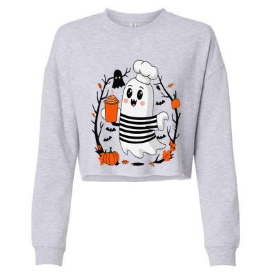 Halloween Cute Ghost Hat Drinking Coffee Ghost Ice Coffee Cropped Pullover Crew