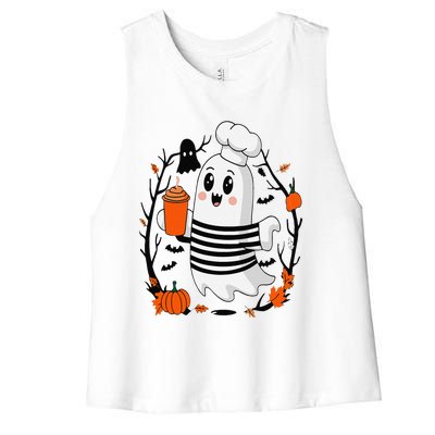 Halloween Cute Ghost Hat Drinking Coffee Ghost Ice Coffee Women's Racerback Cropped Tank