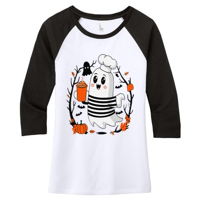 Halloween Cute Ghost Hat Drinking Coffee Ghost Ice Coffee Women's Tri-Blend 3/4-Sleeve Raglan Shirt