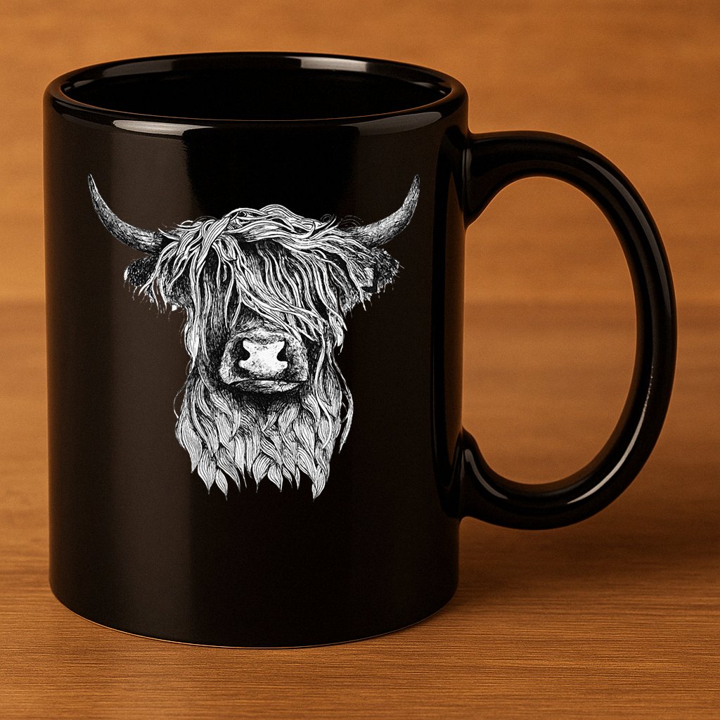 Highland Cow Hand Drawn Illustration 11oz C Handle Ceramic Mug