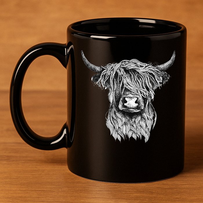 Highland Cow Hand Drawn Illustration 11oz C Handle Ceramic Mug
