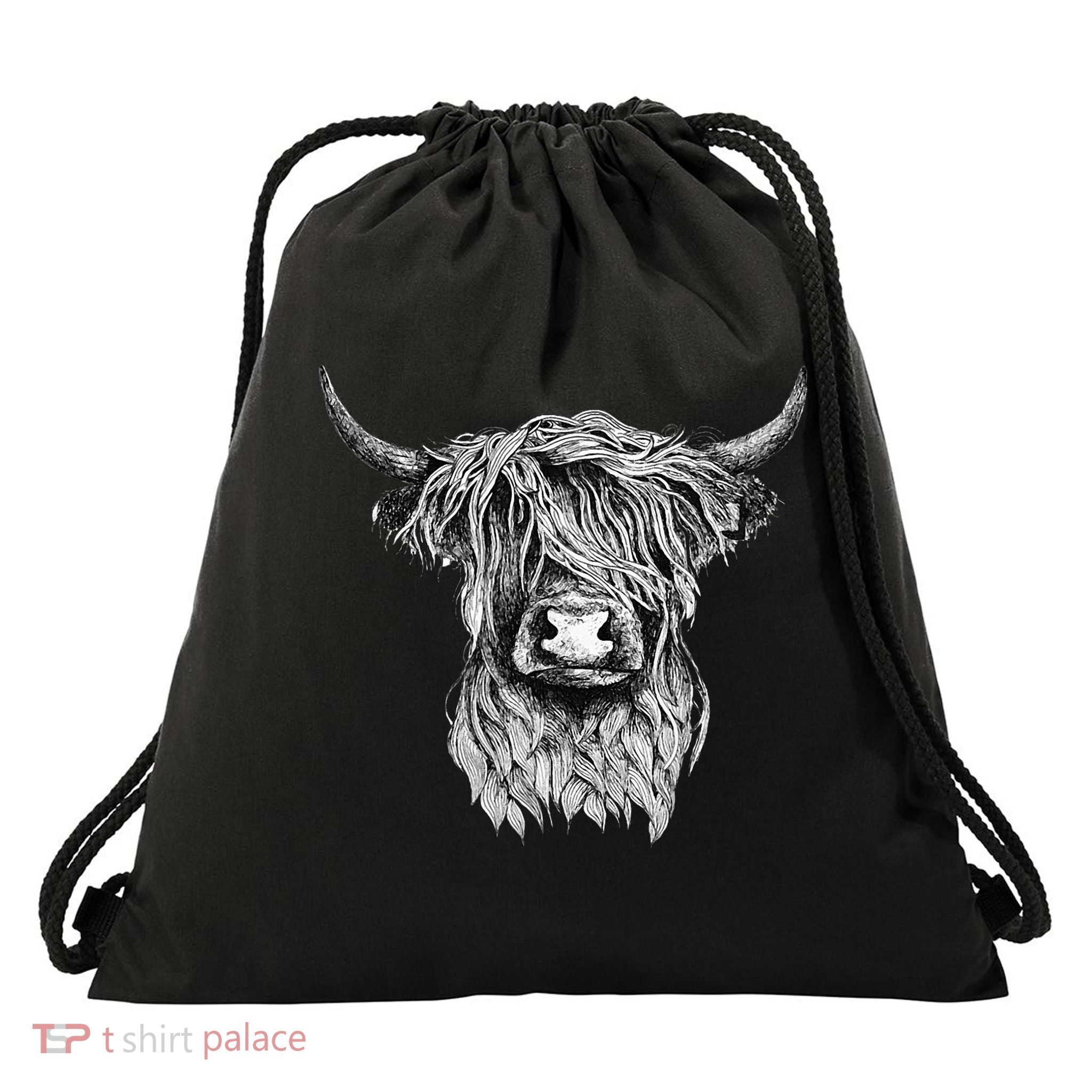 Highland Cow Hand Drawn Illustration Drawstring Bag