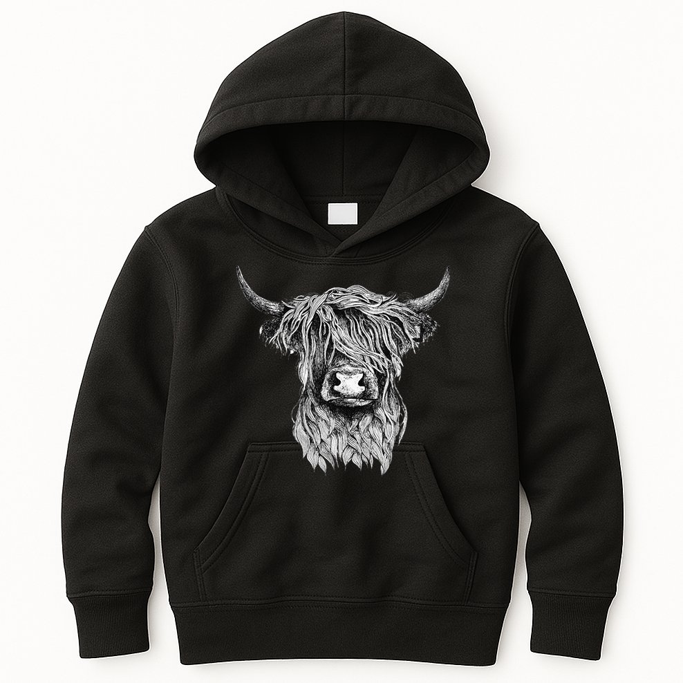 Highland Cow Hand Drawn Illustration Kids Hoodie