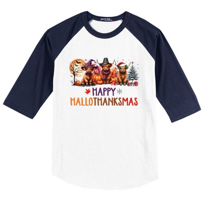 Highland Cow Halloween Christmas Thanksgiving Hallothanksmas Baseball Sleeve Shirt