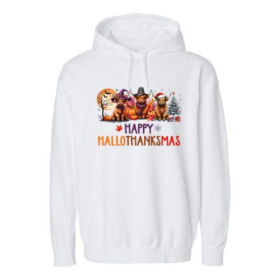 Highland Cow Halloween Christmas Thanksgiving Hallothanksmas Garment-Dyed Fleece Hoodie