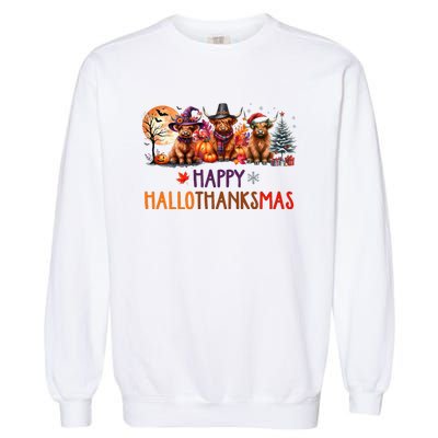 Highland Cow Halloween Christmas Thanksgiving Hallothanksmas Garment-Dyed Sweatshirt