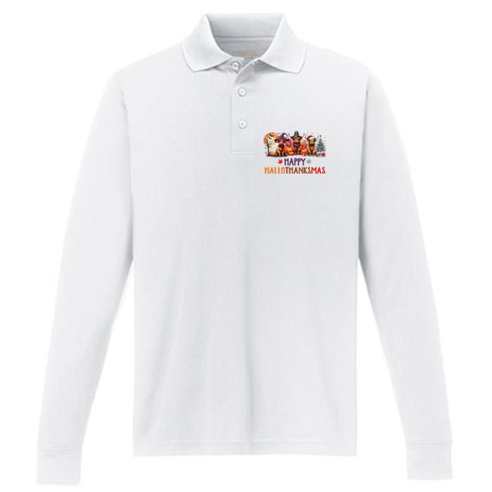 Highland Cow Halloween Christmas Thanksgiving Hallothanksmas Performance Long Sleeve Polo