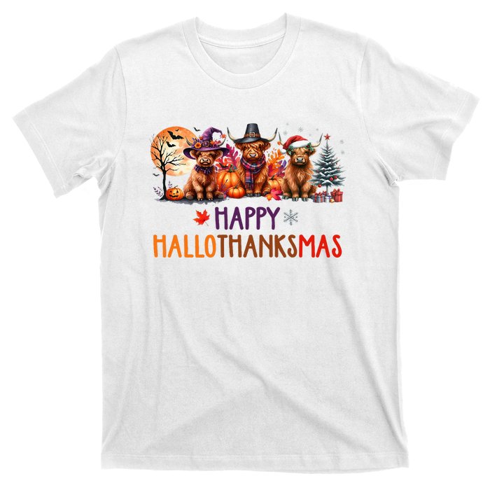 Highland Cow Halloween Christmas Thanksgiving Hallothanksmas T-Shirt