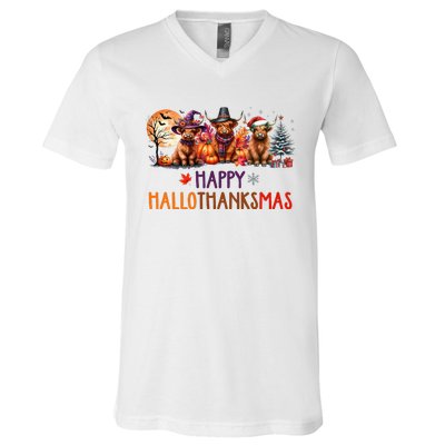 Highland Cow Halloween Christmas Thanksgiving Hallothanksmas V-Neck T-Shirt