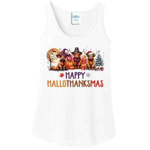 Highland Cow Halloween Christmas Thanksgiving Hallothanksmas Ladies Essential Tank