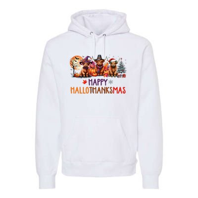 Highland Cow Halloween Christmas Thanksgiving Hallothanksmas Premium Hoodie