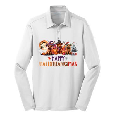 Highland Cow Halloween Christmas Thanksgiving Hallothanksmas Silk Touch Performance Long Sleeve Polo