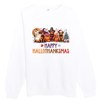 Highland Cow Halloween Christmas Thanksgiving Hallothanksmas Premium Crewneck Sweatshirt