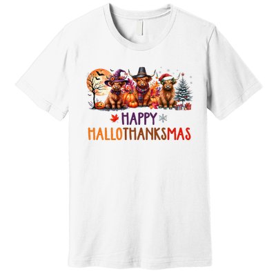 Highland Cow Halloween Christmas Thanksgiving Hallothanksmas Premium T-Shirt