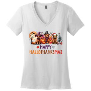 Highland Cow Halloween Christmas Thanksgiving Hallothanksmas Women's V-Neck T-Shirt