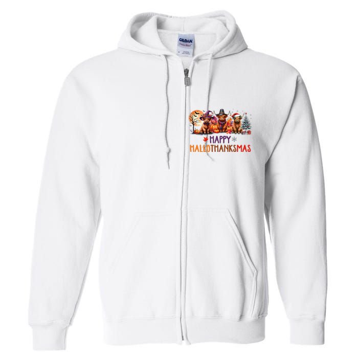 Highland Cow Halloween Christmas Thanksgiving Hallothanksmas Full Zip Hoodie